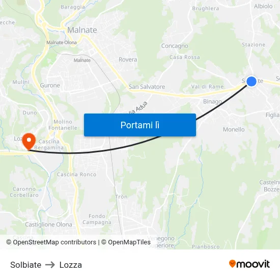 Solbiate to Lozza map