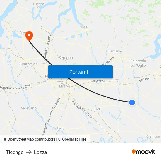 Ticengo to Lozza map