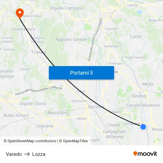 Varedo to Lozza map