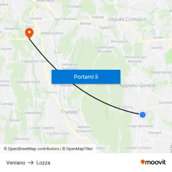 Veniano to Lozza map