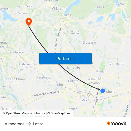 Vimodrone to Lozza map