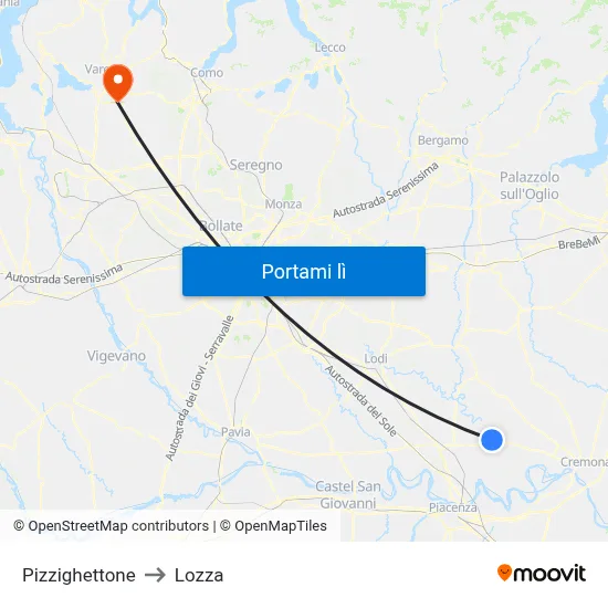 Pizzighettone to Lozza map