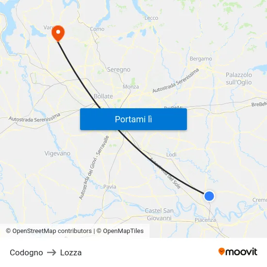 Codogno to Lozza map