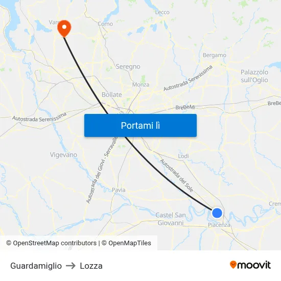 Guardamiglio to Lozza map