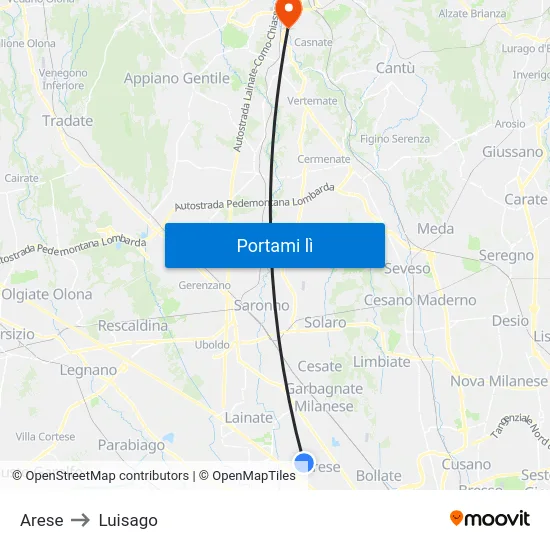 Arese to Luisago map