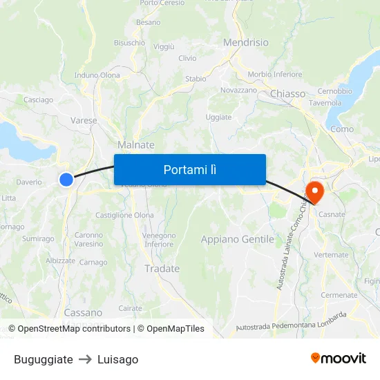 Buguggiate to Luisago map