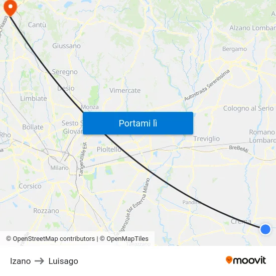 Izano to Luisago map