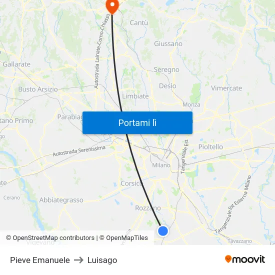 Pieve Emanuele to Luisago map