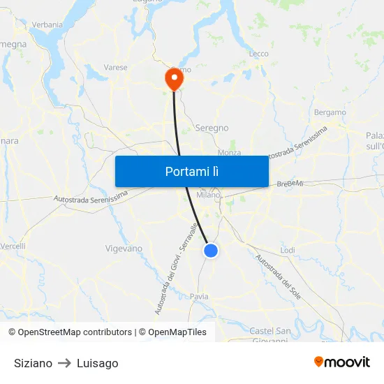 Siziano to Luisago map