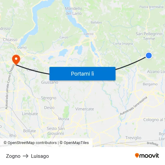 Zogno to Luisago map