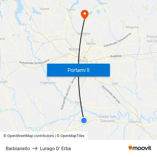 Barbianello to Lurago D' Erba map