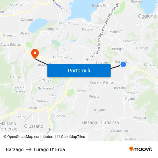 Barzago to Lurago D' Erba map