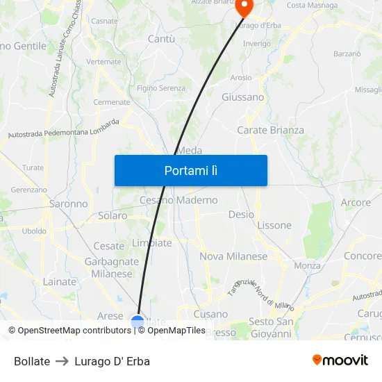 Bollate to Lurago D' Erba map
