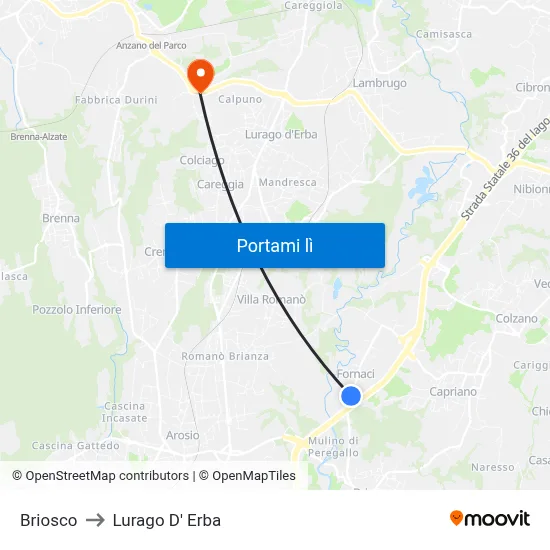 Briosco to Lurago D' Erba map