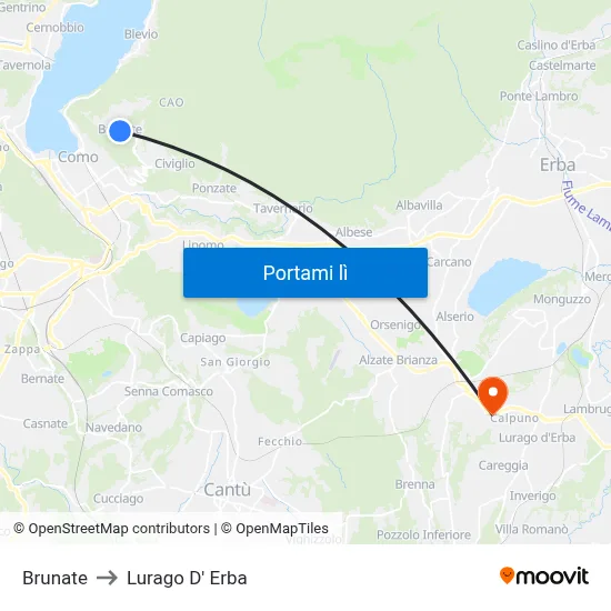 Brunate to Lurago D' Erba map