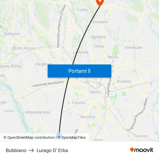 Bubbiano to Lurago D' Erba map