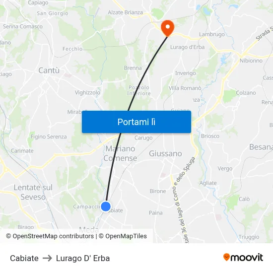 Cabiate to Lurago D' Erba map