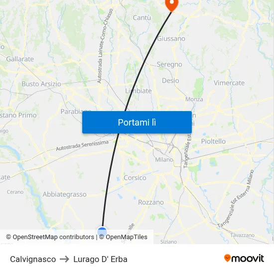 Calvignasco to Lurago D' Erba map
