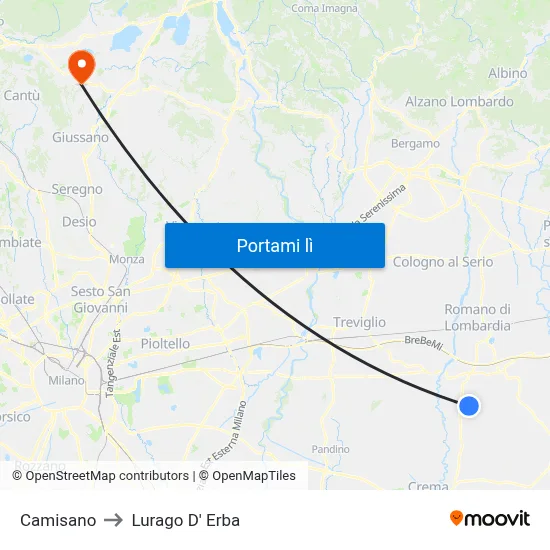 Camisano to Lurago D' Erba map