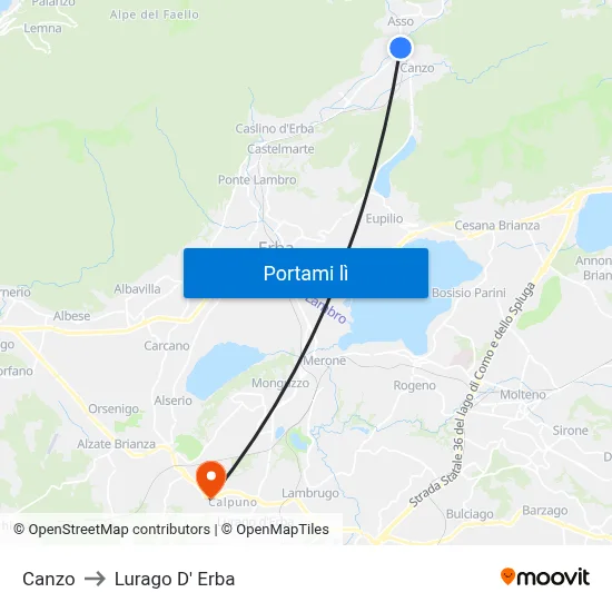 Canzo to Lurago D' Erba map