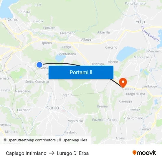 Capiago Intimiano to Lurago D' Erba map