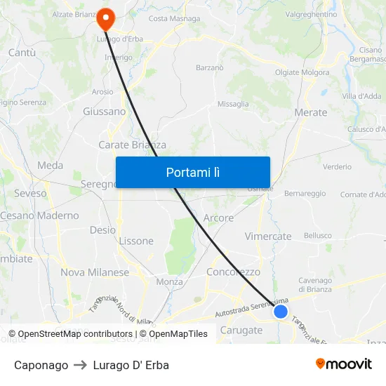 Caponago to Lurago D' Erba map