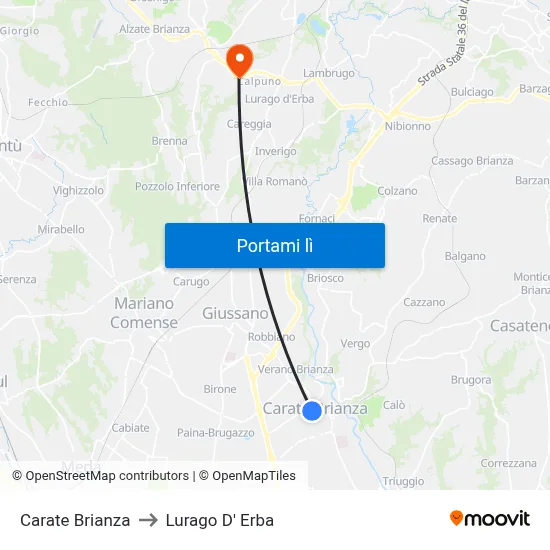 Carate Brianza to Lurago D' Erba map