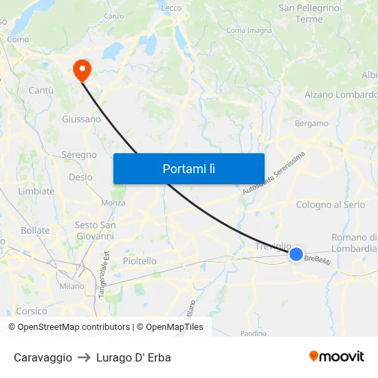 Caravaggio to Lurago D' Erba map