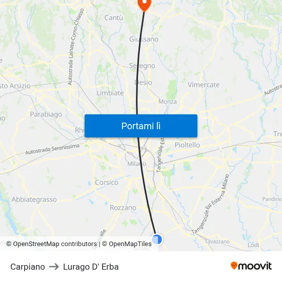 Carpiano to Lurago D' Erba map
