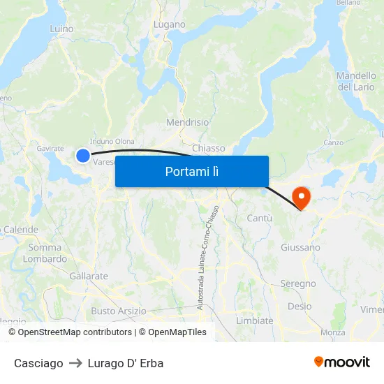 Casciago to Lurago D' Erba map