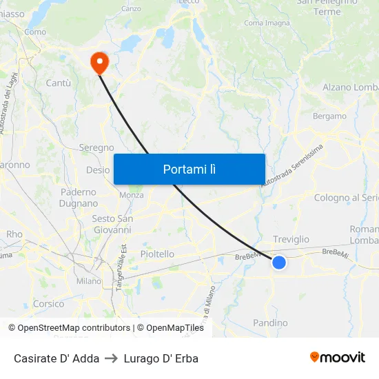 Casirate D' Adda to Lurago D' Erba map