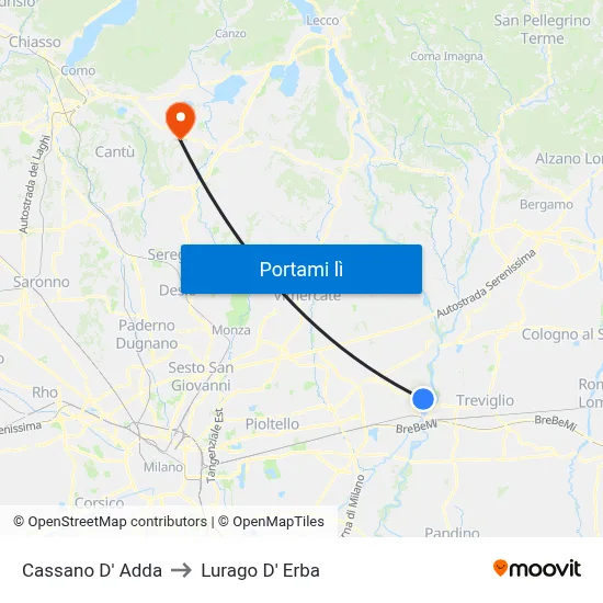 Cassano D' Adda to Lurago D' Erba map
