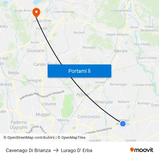 Cavenago Di Brianza to Lurago D' Erba map