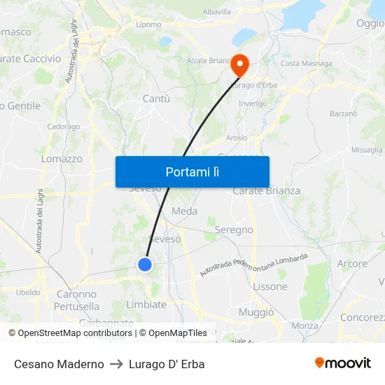 Cesano Maderno to Lurago D' Erba map