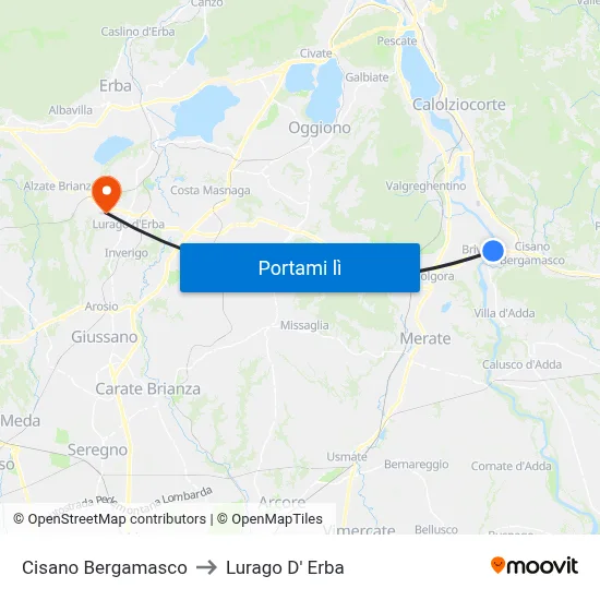 Cisano Bergamasco to Lurago D' Erba map