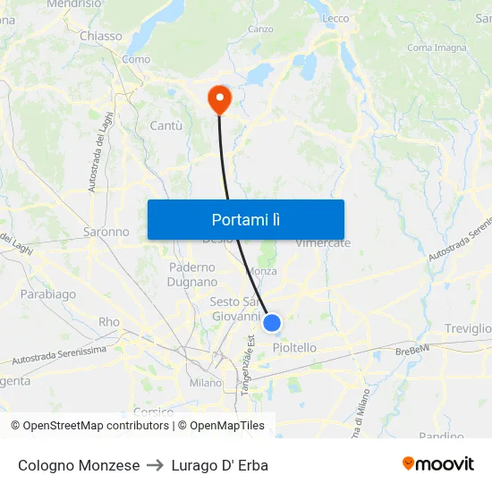 Cologno Monzese to Lurago D' Erba map