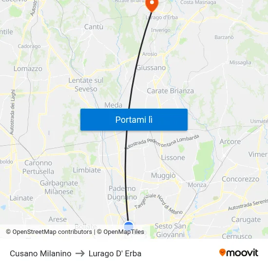 Cusano Milanino to Lurago D' Erba map