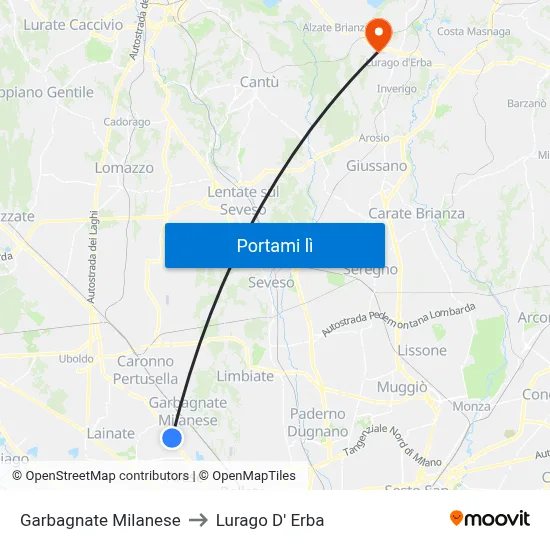 Garbagnate Milanese to Lurago D' Erba map
