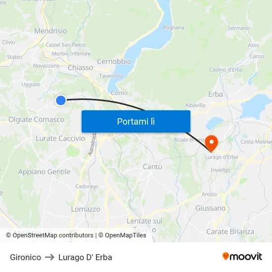 Gironico to Lurago D' Erba map