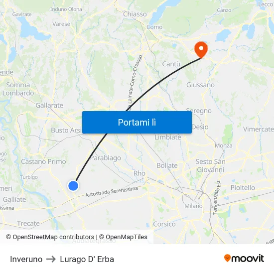 Inveruno to Lurago D' Erba map