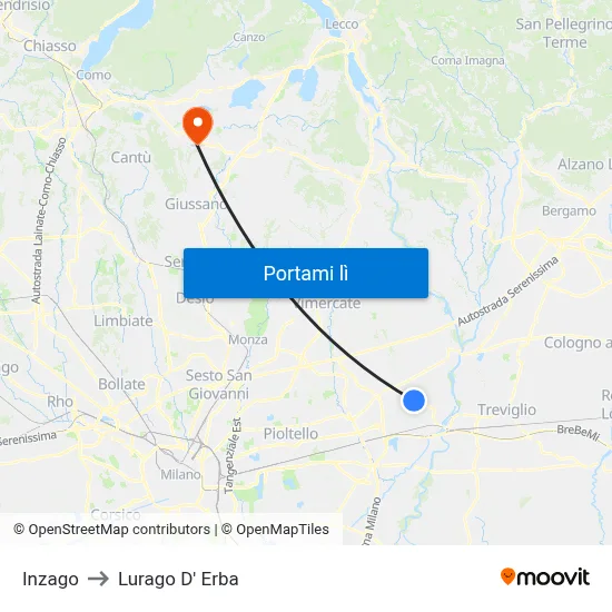 Inzago to Lurago D' Erba map