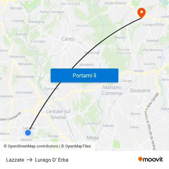 Lazzate to Lurago D' Erba map