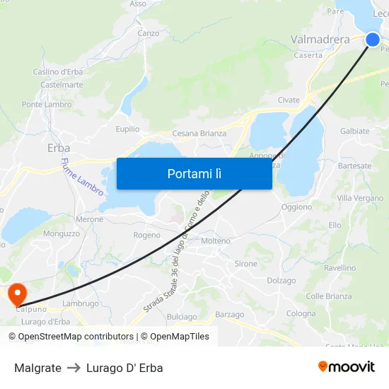 Malgrate to Lurago D' Erba map