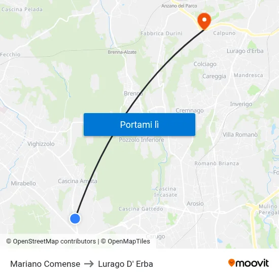 Mariano Comense to Lurago D' Erba map