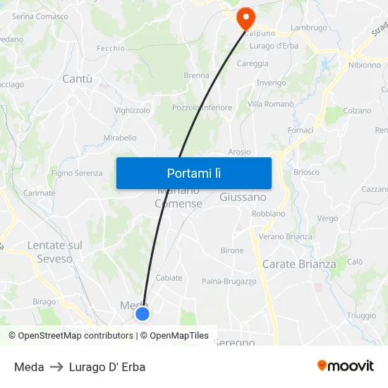 Meda to Lurago D' Erba map