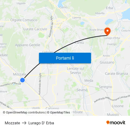 Mozzate to Lurago D' Erba map
