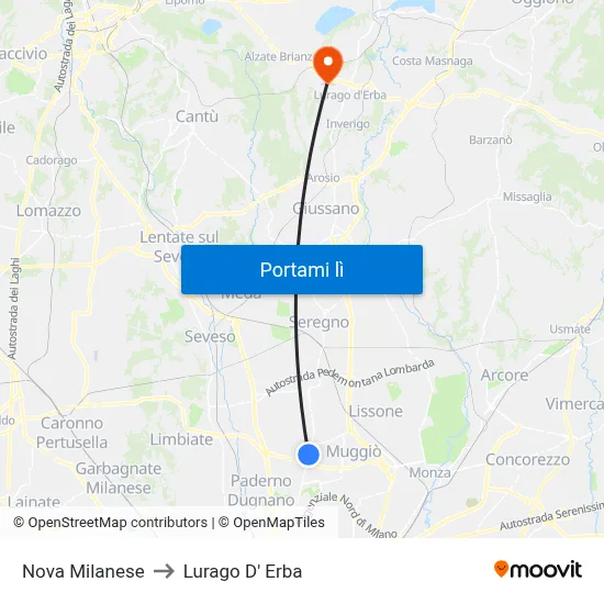 Nova Milanese to Lurago D' Erba map