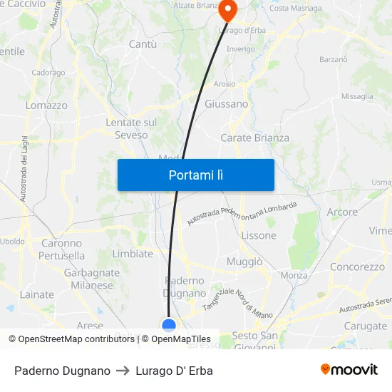 Paderno Dugnano to Lurago D' Erba map