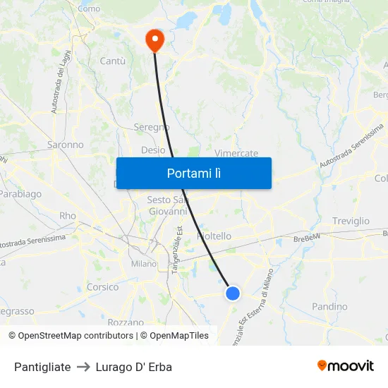 Pantigliate to Lurago D' Erba map