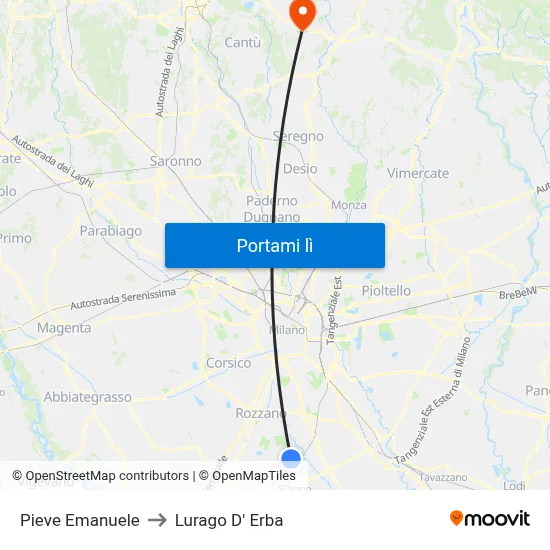 Pieve Emanuele to Lurago D' Erba map